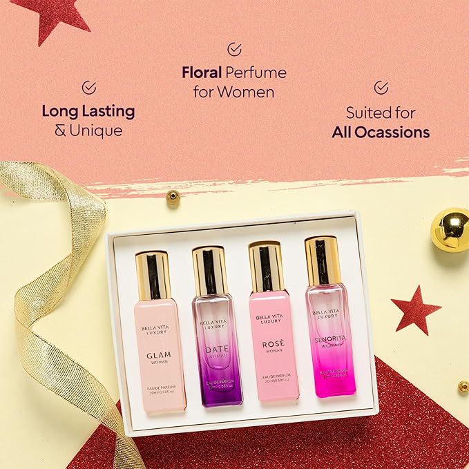 BellaVita Luxury Women's Perfume Gift Set (4x20ml) | Notes of Floral, Sweet, Spicey Red Fruit, Vanilla & Musk | DATE, SENORITA, GLAM & ROSE | French Parfum Collection Gift Set