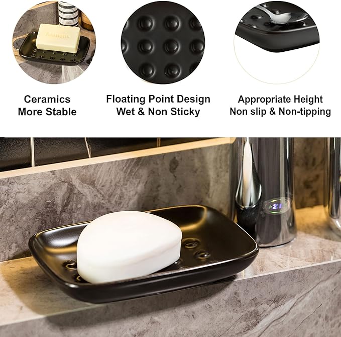Soap Dish, Ceramic Soap Holder Shower Soap Dish for Bar Soap Sponge, Soap Saver Tray for Bathroom Kitchen Sink, Black