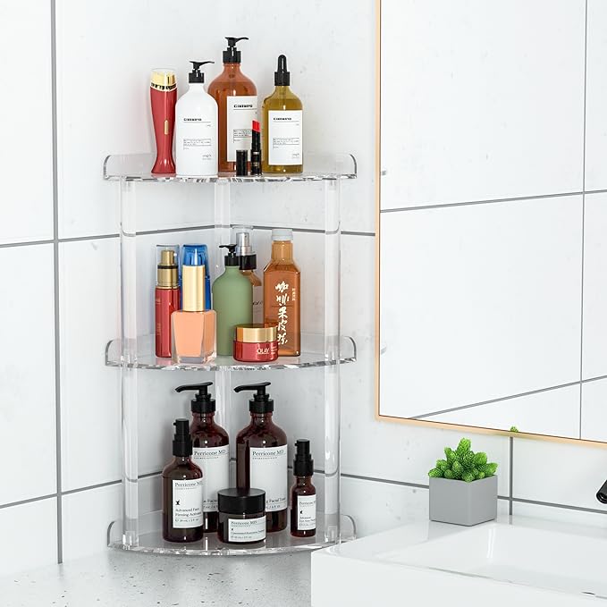 3 Tier Countertop Corner Organizer Shelf 7x7x15.7 Inch, Countertop Acrylic Bathroom Corner Shelf, Clear Vanity Storage Organizer for Cosmetics, Toiletries