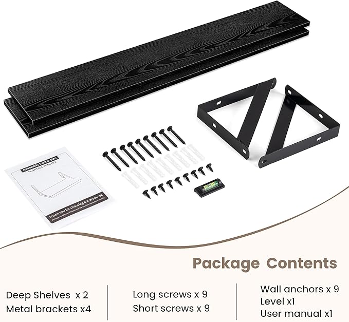 Dreamland Deep Floating Shelves for Wall, 48W x 8D Wall Mounted Shelves Set of 2, Wide Display Ledge Shelf with Sturdy Metal Brackets for Living Room, Bathroom, Bedroom and Kitchen, Black