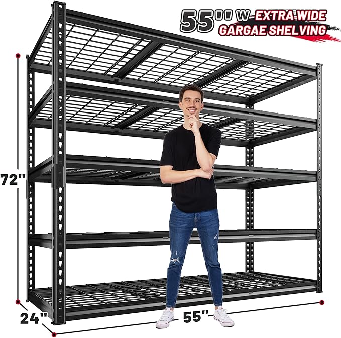 REIBII 55" W Garage Shelving, Heavy Duty Storage Shelves Load 3000LBS, 5 Tier Adjustable Metal Shelving Unit for Basement, Warehouse, Workshop, 55" W x 24" D x 72" H