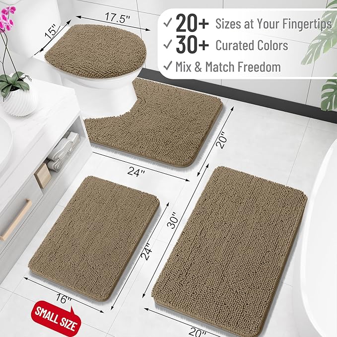 OLANLY Toilet Rugs U-Shaped 24x20, Extra Soft Absorbent Chenille Contour Bathroom Rugs for Toilet, Dry Quickly, Machine Washable, Non-Slip Bath Mat, Tan