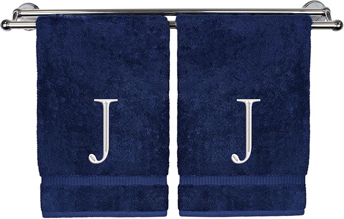 Monogrammed Hand Towel, Personalized Initial Gift, Extra Absorbent 100% Turkish Cotton - Soft Terry Finish - Set of 2 - White Block Initial J - Embroidered on Navy Blue Towels