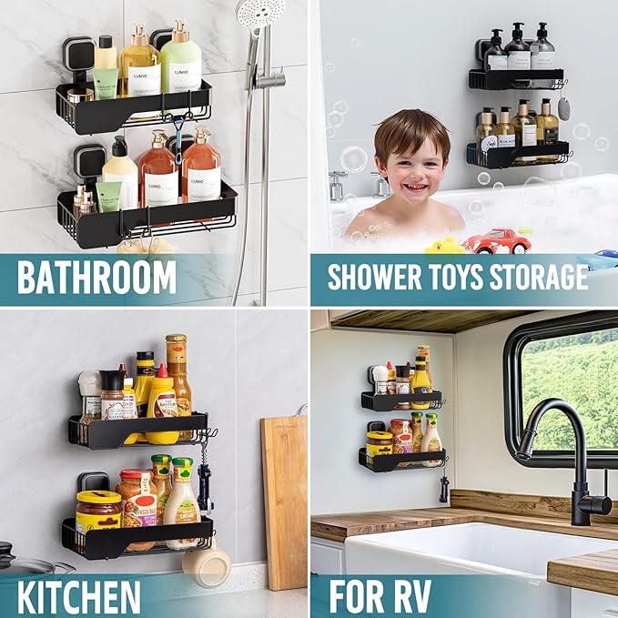 TAILI Shower Caddy Suction Cup 2 Pack,Stainless Steel Rustproof Shower Shelves,No Drilling Wall Mounted Basket,Large Capacity,Removable Suction Cup Bathroom Organizers & Home Decor,Black