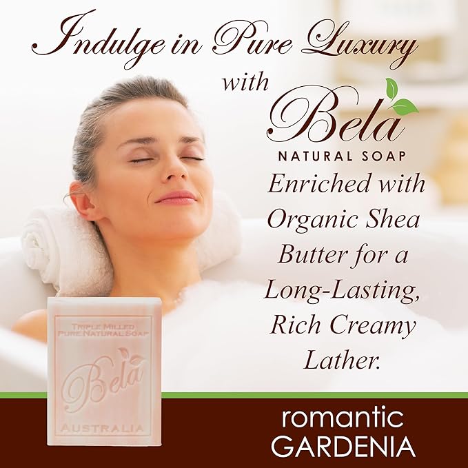 BELA Romantic Gardenia Soap 3.3 OZ Pack of 6, Long Lasting French Triple Milled Bar Soap with Organic Shea Butter Hand, Face and Body Wash Bar, Made in Australia