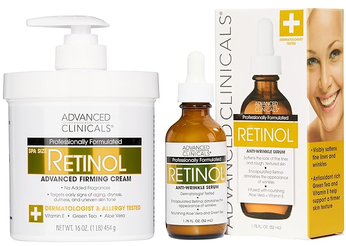 Advanced Clinicals Retinol Body Lotion + Retinol Serum 2PC Skincare Set For Women & Men Helps Diminish Appearance Of Crepey Skin | Face Serum & Body Cream Visibly Improves Look Of Wrinkles & Sagging