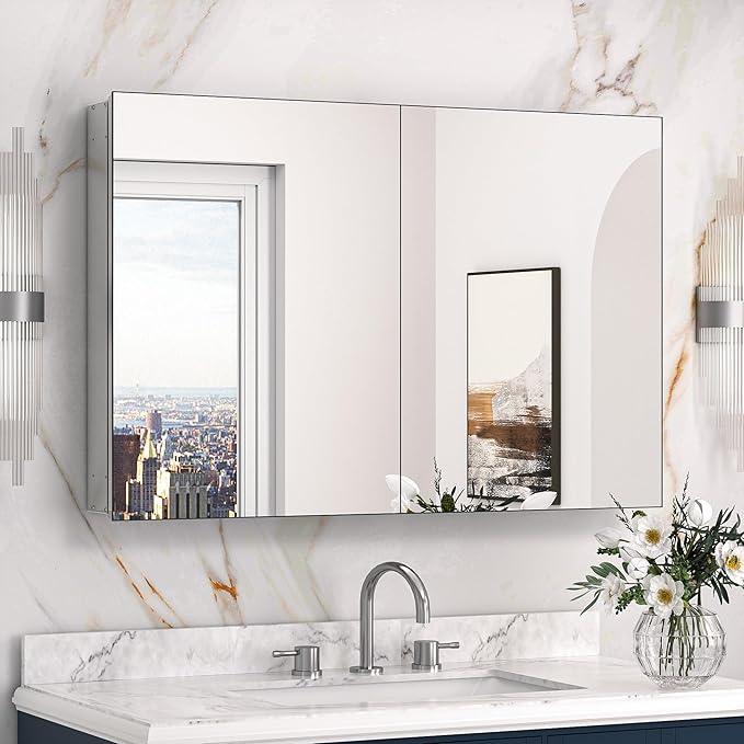 Keonjinn 36 x 24 Inch Bathroom Mirrored Medicine Cabinet, Lightweight Aluminum Structure, Freely Adjustable Shelves, Combined Assembly Needed, Surface Mount or Recessed Mirror with Storage