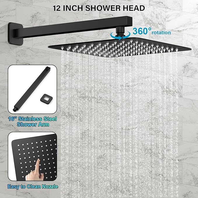 Black Shower Faucet Set, Rainfall Shower System with Square Shower Head and Handle Set, Wall Mounted Shower Fixtures, Full Metal Trim Repair Kit 12 inch Matte Black (With Shower Valve)