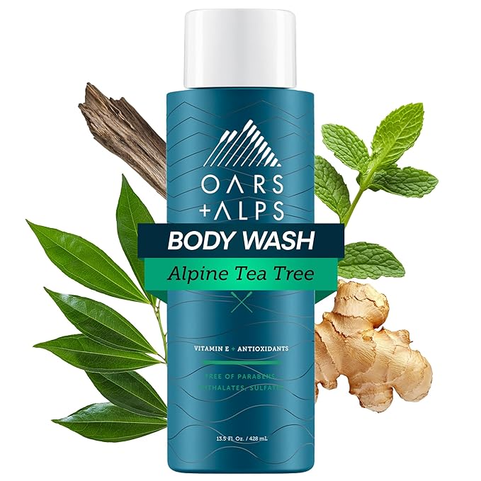 Oars + Alps Body and Face Wash for Men, Mens Body Wash & Face Cleanser with Vitamin E and Antioxidants, Moisturizing, Hydrating, Paraben & Sulfate Free Cleanser, Alpine Tea Tree, 1pk