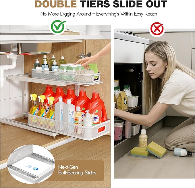 2-Pack 18.5 IN Depth Under Sink Organizer With Next-Gen Ball-Bearing Slides,Sophisticated Mesh 2-Tier Pull Out Shelf for Kitchen & Bathroom,Fits Small Items-White(Patented)