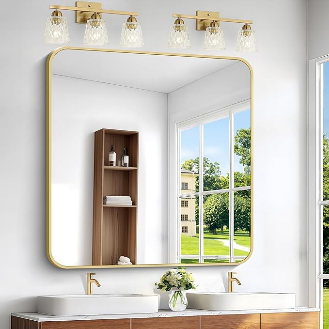 BONEWEI Gold Bathroom Mirror,48x48 inch Wall Mirror for Bathroom Wall Mounted,Round Rectangle Mirror for Bathroom Over Sink,Modern Frame for Home Decor Living Room,Bedroom Entryway,Horizontal/Vertical