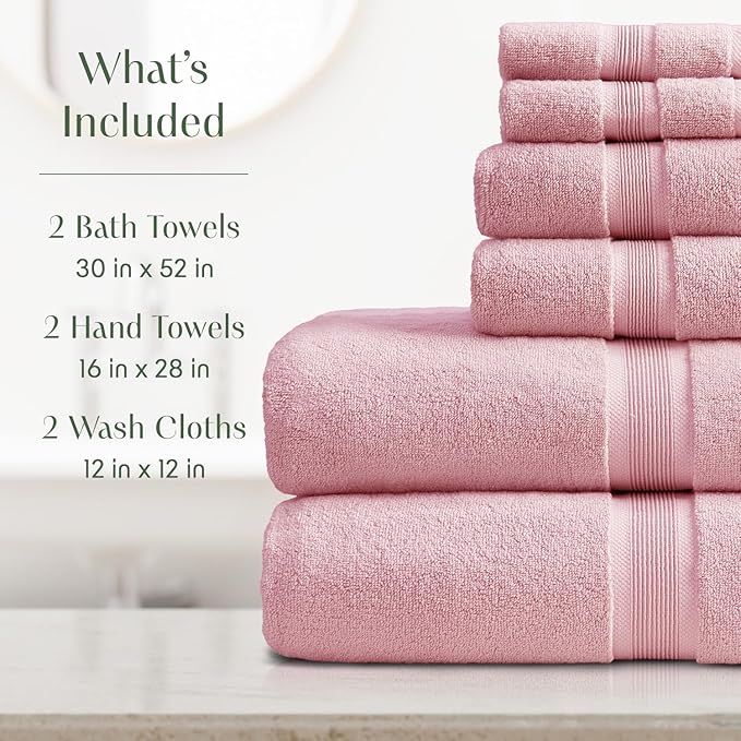 Springtree Home Luxury Bamboo Rayon Bath Towel Set 6 Piece Set | 35% Bamboo Rayon - 65% Cotton | Absorbent Quick-Dry Towels for Bathroom | Oeko-TEX Standard 100 Cotton | Pink Shadow