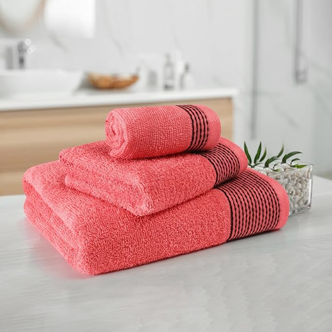 Belizzi Home Ultra Soft 3 Pack Cotton Towel Set, Contains a Bath Towel 28x55 inch, a Hand Towel 16x24 inch & a Wash Coth 12x12 inch, Ideal Everyday use, Compact & Lightweight -Coral Orange
