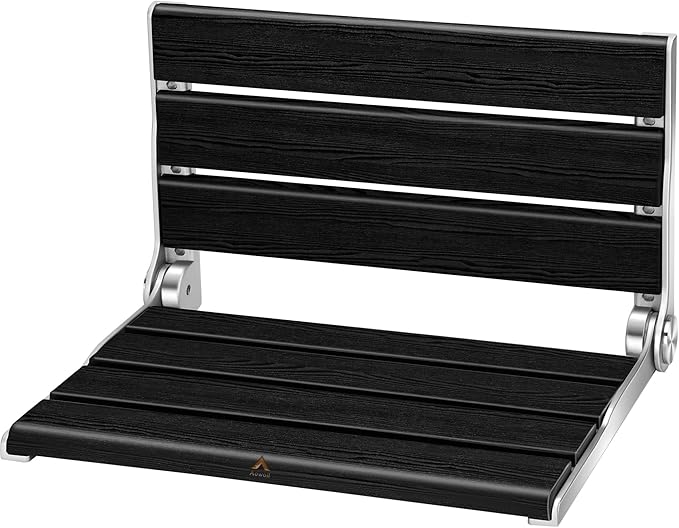 Wall Mounted Shower Seat - 16IN Teak Fold Down Shower Seat for Elderly, Disabled & Pregnant Women - Sturdy Shower Benches for Inside Shower with 400LB Capacity- 2025 Premium Black Shower Bench