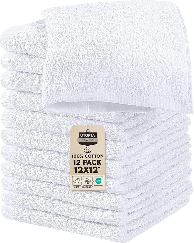 Utopia Towels 12 Pack Cotton Washcloths Set, 100% Ring Spun Cotton, Premium Flannel Face Cloths, Highly Absorbent and Soft Feel Fingertip Towels, White