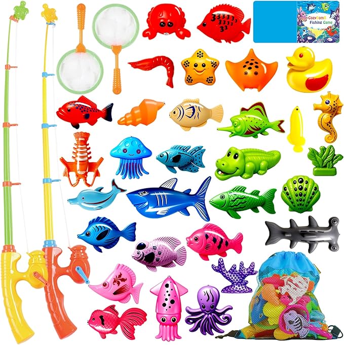 CozyBomB™ Magnetic Fishing Toys Game Set for Kids | Water Table Bathtub Kiddie Pool Party Pole Rod Net, Outdoor Plastic Floating Fish, Toddler Bath Color Ocean Sea Animals Birthday Gift Age 3-5 6 4-8