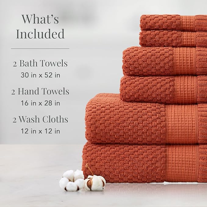 NY Loft 100% Cotton Towel Set 6 Piece Towel Set | Super Soft & Absorbent Quick-Dry 2 Bath Towels 2 Hand Towels & 2 Washcloths |Textured and Durable Cotton | Trinity Collection (6 Piece Set, Clay)