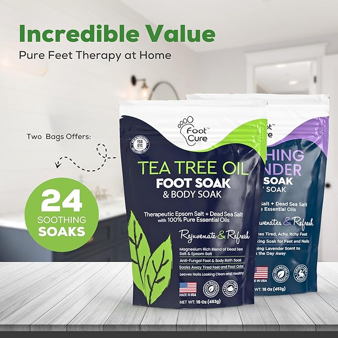 FOOT CURE Tea Tree Oil & Soothing Lavender Foot Soak with Epsom Salt - Best Toenail Treatment & Softens Calluses - Soothes Sore & Tired Feet, Foot Odor Scent, Spa Pedicure - 16 oz (Pack of 2)