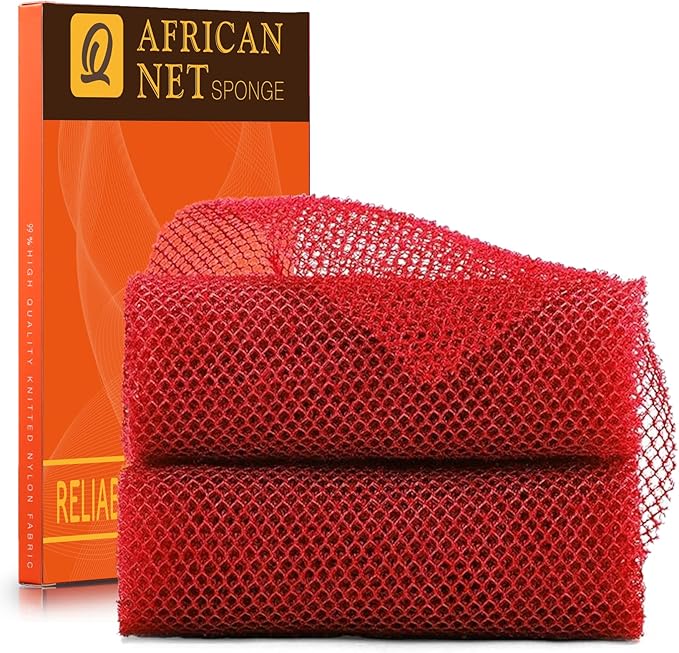 UJFQBH 2 Pieces African Bath Sponge African Net Long Net Bath Sponge Exfoliating Shower Body Scrubber Back Scrubber Skin Smoother,Great for Daily Use (Red)