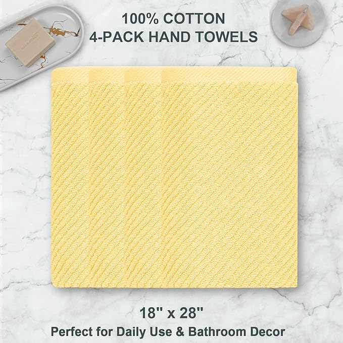 VOOVA & MOVAS Yellow Hand Towels for Bathroom, 4 Pack Large 18" x 28" - 100% Cotton | Lightweight | Thick | Quick Dry | Soft | Absorbent, Bath Hand Towels for Showering, Bathroom Essentials