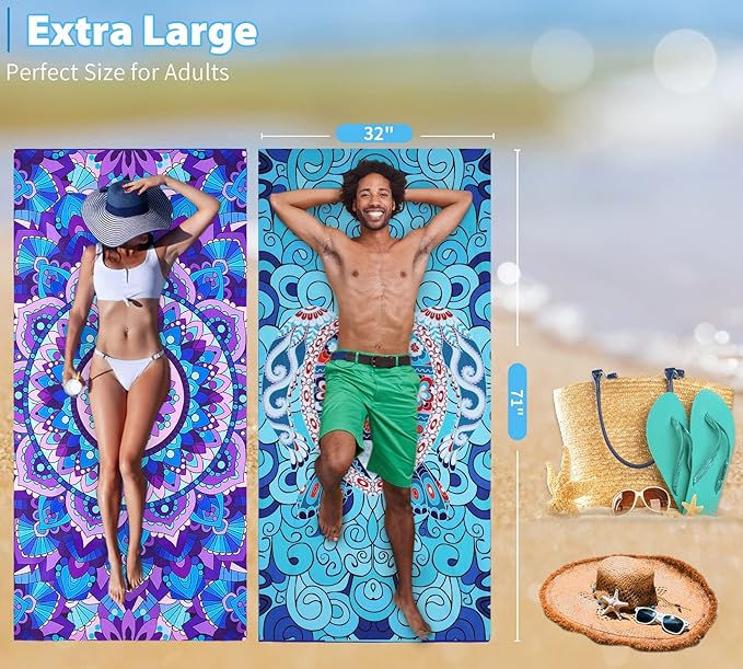 2 Pack Microfiber Oversized Lightweight Beach Towel 71"x32" Extra Thin Large Sand Free Towels Travel Swim Pool Yoga Gym for Adults Women Men Beach Essentials Accessories Vacation Gift