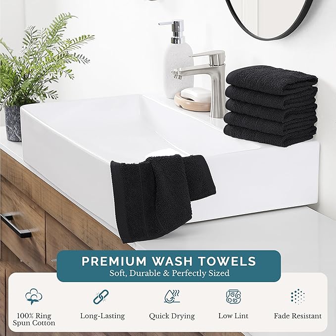 Casa Platino 100% Cotton Washcloths 6 Pack - Spa & Salon Quality Face Cloths - Ring Spun, Soft & Absorbent Wash Cloths for Body, Beauty, Home, Gym - Fingertip Towels Set- 13"x13", Black Towels Set