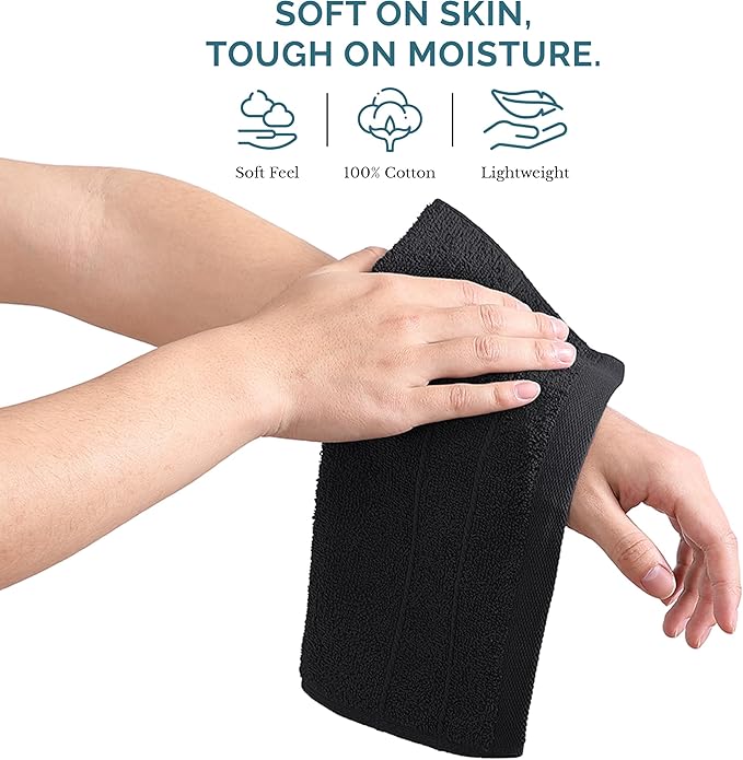 Casa Platino 100% Cotton Washcloths 6 Pack - Spa & Salon Quality Face Cloths - Ring Spun, Soft & Absorbent Wash Cloths for Body, Beauty, Home, Gym - Fingertip Towels Set- 13"x13", Black Towels Set