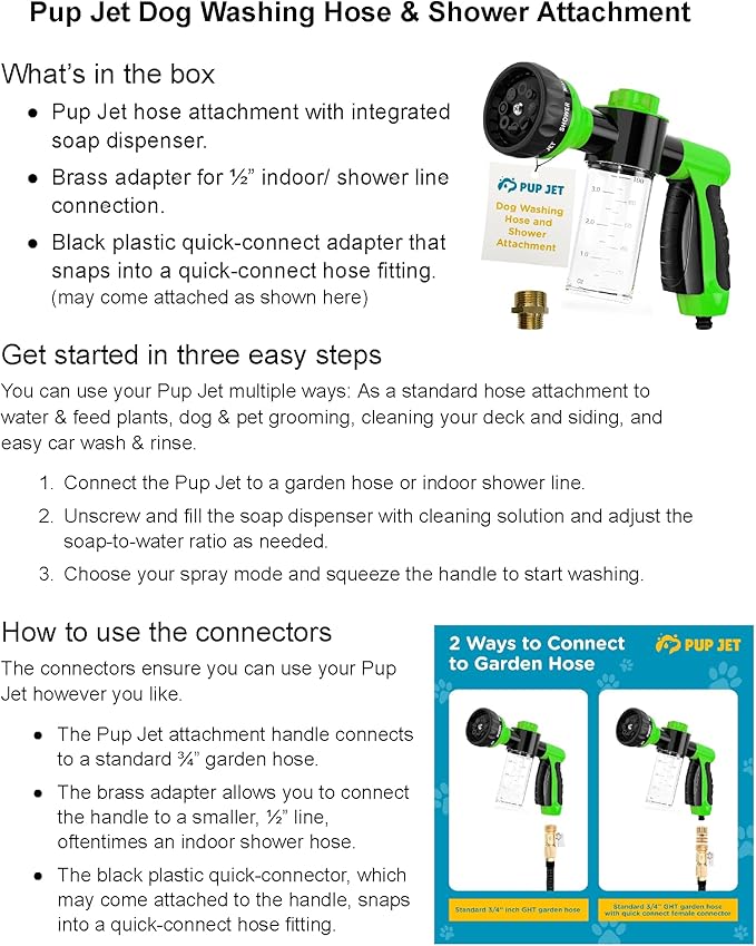 The Original Pup Jet Dog Washing Hose Attachment with Soap Dispenser – 8-in-1 Fur Sweep Shower Attachment & Shampoo Sprayer for Dog Wash, Bath, and Grooming Perfect Pet Care