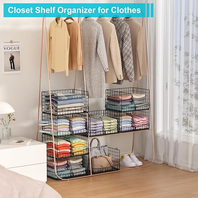 4-Tier Closet Organizers and Storage Shelves with Divider, Stackable Closet Shelf Organizer Basket Bins, Clothing Sweaters Storage Container for Wardrobe Cupboard, Black