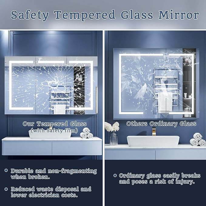 ExBrite LED Lighted Bathroom Medicine Cabinet with Mirror, 48 x 30 Inch, Recessed or Surface Mount, Anti-Fog, Stepless Dimming, Color Temperature Change, Built-in 6000K Sensor Light, Storage Shelves