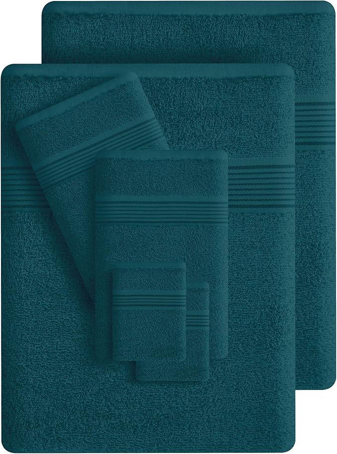 Belizzi Home 100% Cotton Towel Set, Contains 6 Soft Bath Towel, 6 Hand Towels, 12 Wash Cloths - Compact Absorbent Lightweight & Quickdry Towels for Bathroom - 24 Piece Bathroom Towel Set - Teal