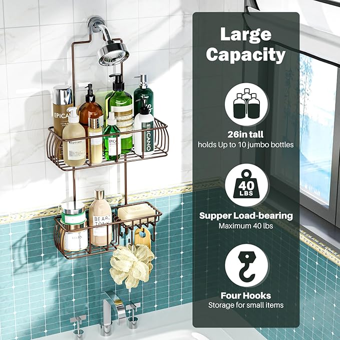 Epicano Shower Caddy Hanging, Anti-Swing Over Head Shower Caddy Rustproof with hooks for Towels, Sponge and more, Bronze