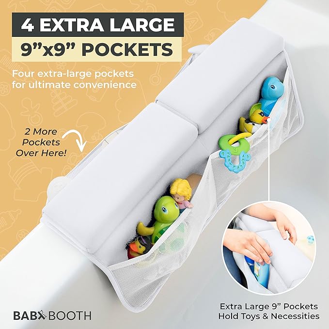 Bath Kneeler and Elbow Rest Pad, Extra Thick Baby Bath Kneeling Pad and Elbow Pad for Bathtub. Bath Tub Elbow Pad with Infant Toy and Baby Accessories Organizer, Off White Color