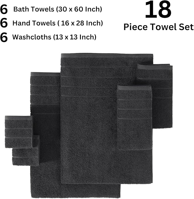Casa Platino 100% Mercerized Cotton Luxury Bathroom Towels Set - 18 Piece - Ring Spun Technology - 6 Bath, 6 Washcloths, 6 Hand Towels - Remains Soft & Absorbent Even After Multiple Washes - Black