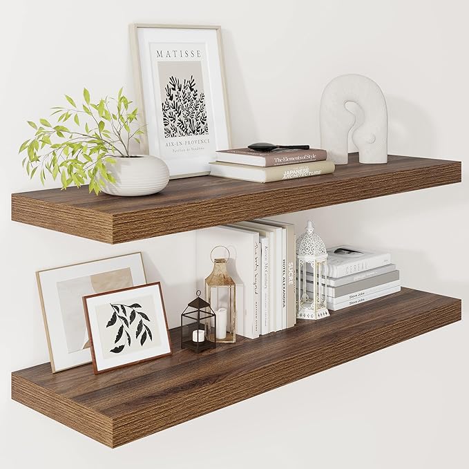 Vivelove Farmhouse Floating Shelves for Wall 12 Inch Deep, 36" X 12" X 2" Floating Shelf, 2 Inch Thick Shelf for Living Room Bathroom Bedroom Kitchen, Rustic Farmhouse Decor Set of 2, Walnut