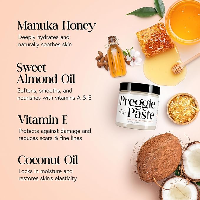 Stretch Mark Cream for Pregnancy – Non-Toxic Preggie Paste Belly Butter from Taylor's Postpartum Essentials, Pregnancy Must Haves, Belly Firming Cream with Manuka Honey & Vitamin E, 3.7oz Tummy Butter