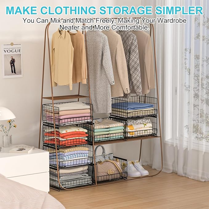 4-Tier Sliding Closet Organizers and Storage Shelves, Stackable Closet Shelf Organizer Basket Bins, Drawer Shelf Storage Container for Wardrobe Cupboard Kitchen Bathroom Office, Black