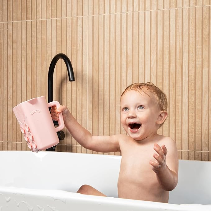 Rinzee® Baby Bath Cup with Suctions - BPA Free, 100% Food Grade Silicone Rinse Cup, Clutter-Free Tub Area, Kids Learning Tool, Sticks to Tiles, Drains Water Upside Down-"Patent Pending"