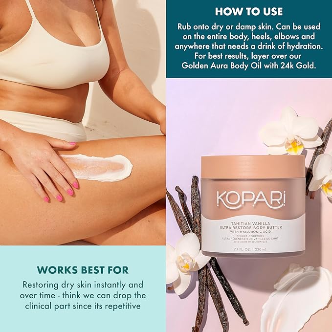 Kopari Ultra Restore Body Butter, Whipped Lightweight Formula, Hyaluronic Acid & Mango Butter, Deep Long-Lasting Moisture, Tahitian Vanilla 7.7 oz