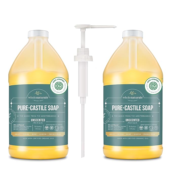 WHOLENATURALS Pure Castile Soap Liquid, EWG Verified & Certified Palm Oil Free Unscented, Natural, Mild & Gentle Non-gmo & Vegan - Organic Body Wash, Laundry, Pet/Dog and Baby Soap -Pack of 2 w/pump
