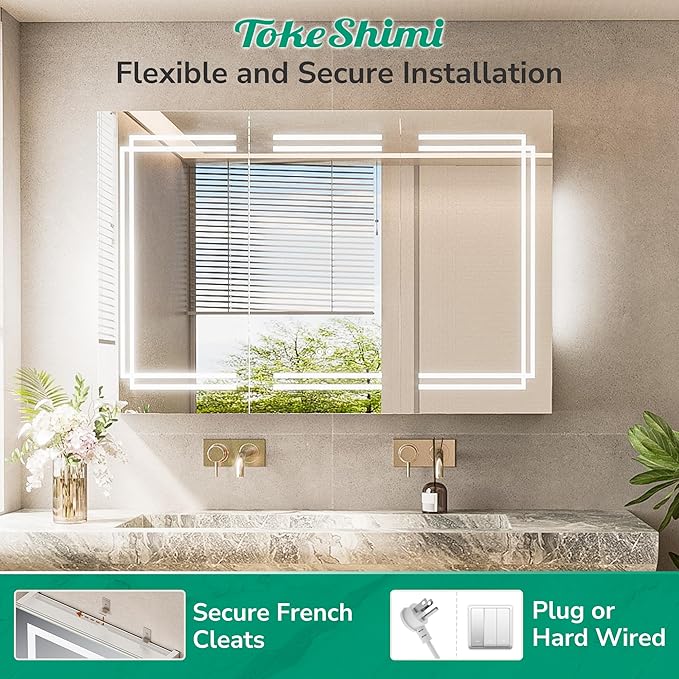 TokeShimi 20x32 Lighted Medicine Cabinet Mirrored, Anti-Fog Tempered Bathroom LED Mirror with Storage 3 Color Stepless Dimming, CRI 80+, Memory Funtion, Surface Mount Medicine Cabinet with Light