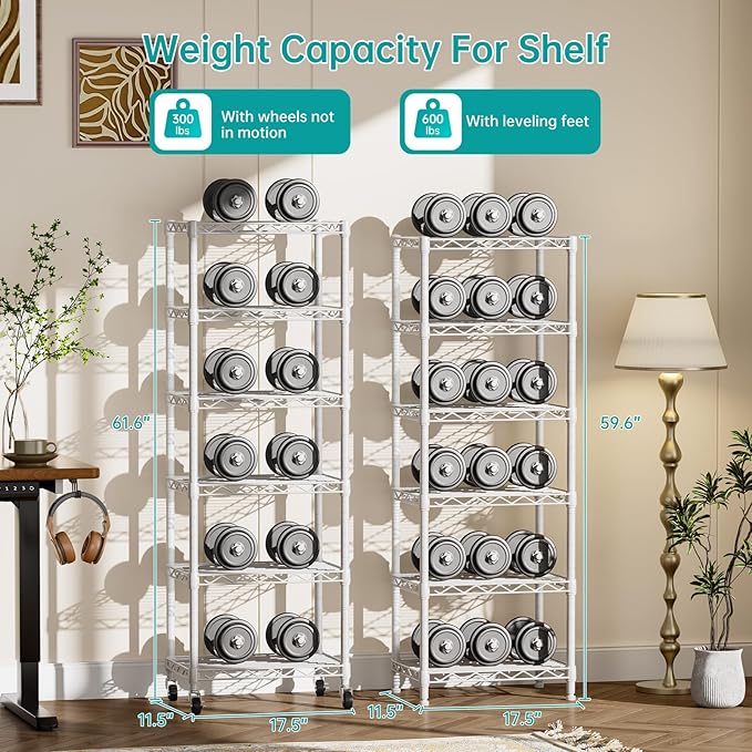 SINGAYE 6 Shelves Storage Shelf Wire Closet Bathroom Organizers Metal Pantry Kitchen Small Garage Shelving Unit Laundry Room Organization Home Narrow Rack Net Basket with Wheels White