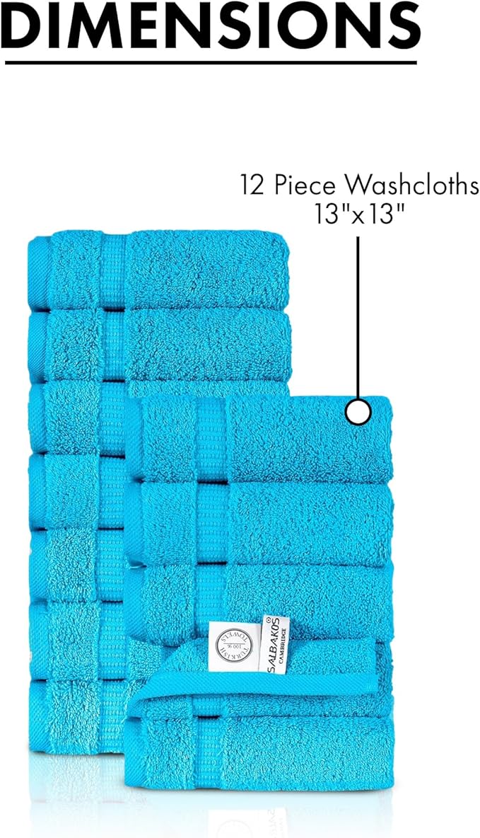 SALBAKOS 100% Turkish Cotton Washcloth Set of 12 13x13 inch | Heirloom Quality | Hotel & Spa Collection | Ultra Soft, Super Absorbent, Washcloth Towels | Made in Turkey (Aqua, 12 Washcloths)