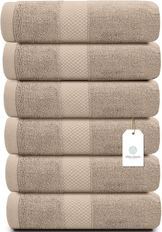 White Classic Luxury Taupe Hand Towels - Soft 100% Turkish Cotton | Highly Absorbent Hotel spa Bathroom Towel Collection | 16x30 Inch | Set of 6