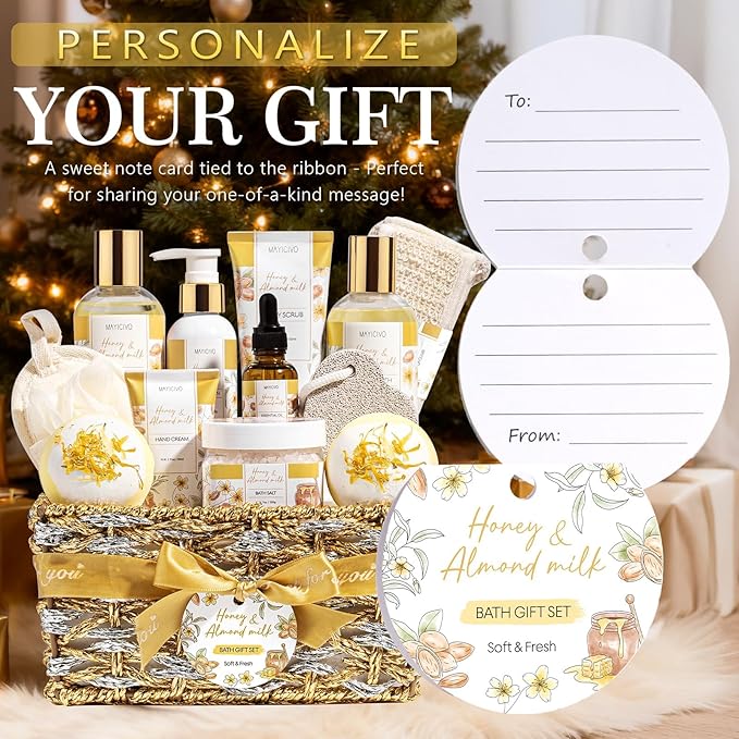 Christmas Birthday Gifts for Women, Honey & Almond Milk Relaxing Spa Gift Baskets for Women Self Care Package Bath Gift Set, Home Bath and Body Kit Pamper Gifts for Womens Mom Her Friends Sister Wife