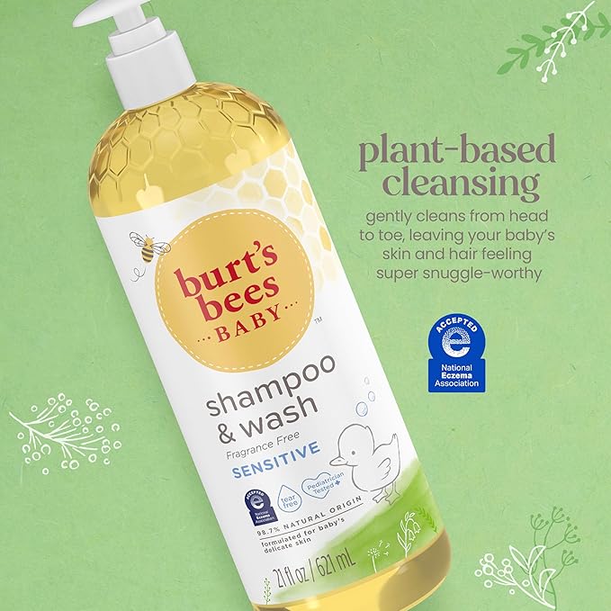 Burt's Bees Baby Sensitive Shampoo and Wash, Fragrance Free, Tear Free, Pediatrician Tested, 98.7% Natural Origin, 21 Fluid Ounces