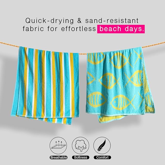 CASA COPENHAGEN Miami Bath Sheets Designed in Denmark Rough and Tough, Quick Dry, for Pool, Bath & Shower 35"x70", 2 Pieces Cotton Beach Towels Set - Fish Teal + Yellow Stripe