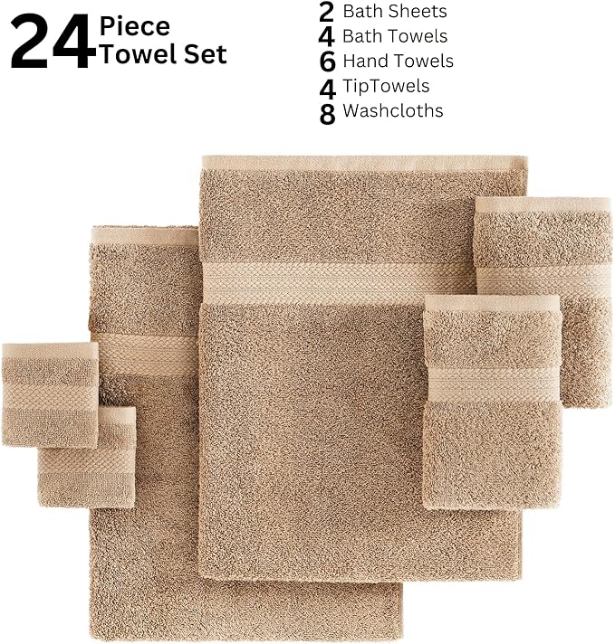 Lane Linen 100% Cotton Towel Set for Bathroom - 24 PCs - Durable, Soft, Quick Dry & Absorbent Towels - 2 Bath Sheet, 4 Fingertip, 8 Washcloths, 4 Bath & 6 Hand Towels for Bathroom - Family Set - Beige