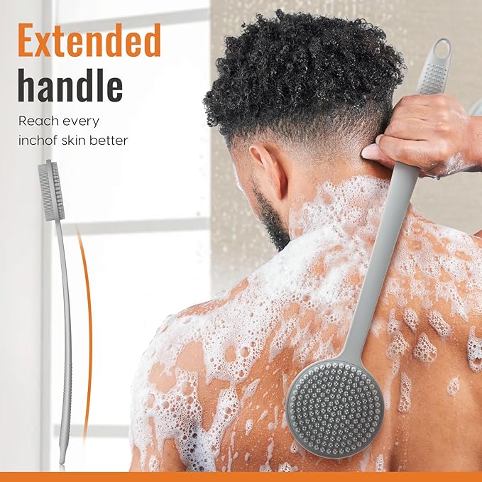 Silicone Back Scrubber for Shower, 17in Lengthen Long Handle Body Brush, Double Sided Shower Brush for Shower Exfoliating and Massage Can Produce Rich Foam, Long Handle Back Scrubber for Men