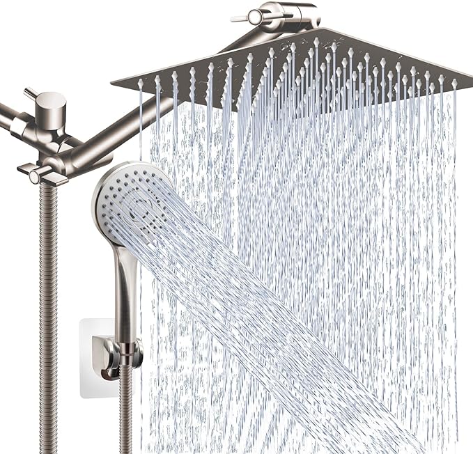 Shower Head Combo(Brushed Nickel),10'' High Pressure Rain Shower Head with 11'' Adjustable Extension Arm and 5 Settings Handheld,Powerful Shower Spray Against Low Pressure Water